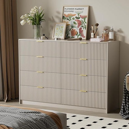 Beige Dresser for Bedroom, Modern Dresser with 8 Drawers and Smooth Slides, Wide Chest of Drawers with Golden Handles for Bedroom, Closet, 15.7" D x 55" W x 37.4" H