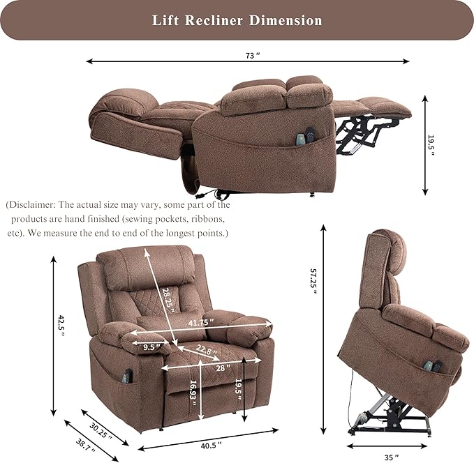Big Man Power Lift Recliner for Elderly Adults 28 Inch Wide Seat, Lay Flat Lift Chair with Heat Massage, Arm Storage Cup Holders, USB Type C Charging, Oversized Recliner 400 lbs