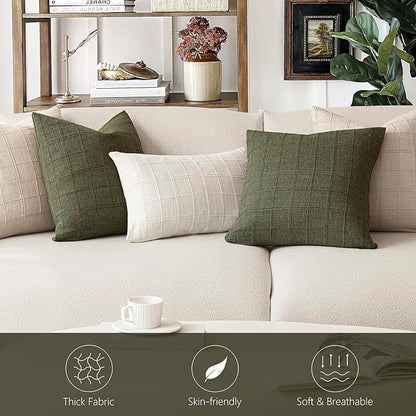 Foindtower Set of 2 Decorative Linen Check Throw Pillow Covers Neutral Farmhouse Vintage Cushion Covers Modern Boho Home Decor for Sofa Chair Couch Bedroom Living Room,26×26 Inch,Olive Green
