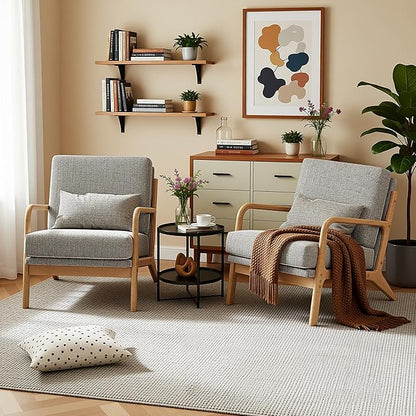 Claiks Mid-Century Modern Accent Chair, Living Room Armchair with Solid Wood Frame & Lumbar Pillow, Comfy Upholstered Lounge Chair for Bedroom, Office, Linen-Like Fabric, Dark Gray