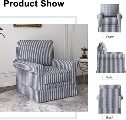 INZOY Swivel Accent Chair Linen Mid Century Modern Chair, Comfy Swivel Barrel Reading Chair, Upholstered Square Chair for Living Room Bedroom Small Spaces, Fully Assembled, Blue Stripe