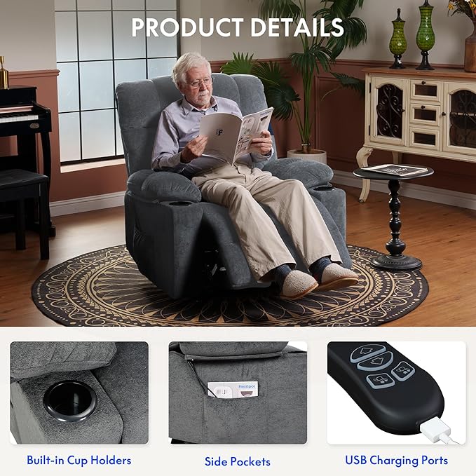 FLEXISPOT XL5 Dual OKIN Motor Power Lift Recliner Chair for Elderly, Lay Flat Electric Recliner with Massage & Heat, USB Ports, Fabric Reclining Sofa for Living Room Bedroom, Grey