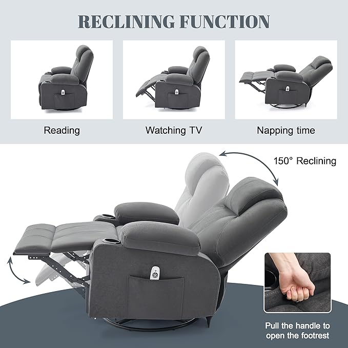 Oversized Swivel Rocker Recliner Chair with Heat and Massage, Large Big Recliner Chair for Living Room, 360 Degree Swivel Rocking Single Sofa with Cup Holders and USB Port(Fabric, Dark Grey)