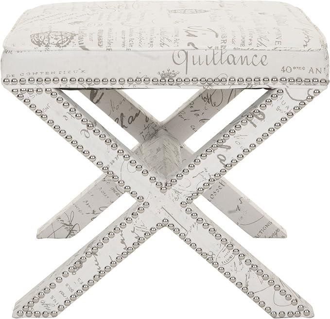 SAFAVIEH Home Collection Palmer Eggshell & French Writing with Silver Nailhead Trim X-Bench Ottoman Foot Stool, Fully Assembled (MCR4589J)