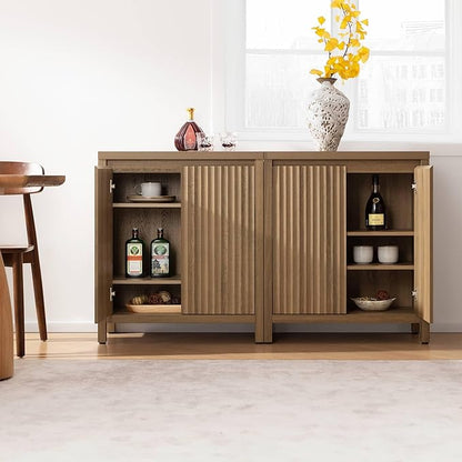 SICOTAS Sideboard Buffet Cabinet with Storage, Fluted Credenza Console Cabinet with Adjustable Shelves, Farmhouse Coffee Bar Storage Cabinets for Kitchen, Living Room, Entryway, Caramel Oak