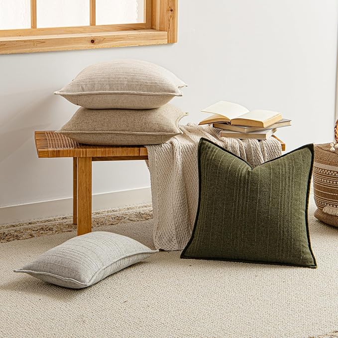 a moment Christmas Linen Pillow Covers Set of 2,Boho Farmhouse Throw Pillowcases Neutral Textured Decorative Covers for Couch Sofa,Soft Linen Blend Accent Case Cushion Home Decor 24"x24"Dark Green