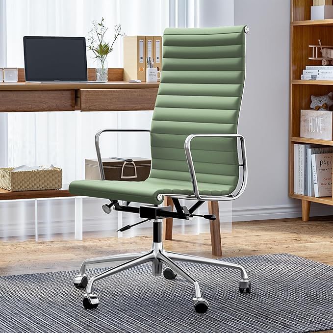 Ribbed Office Chair with Top Grain Leather - High Back Ergonomic Desk Chair with Aluminum Arm Rest and 5-Star Base, Swivel Chairs Light Green