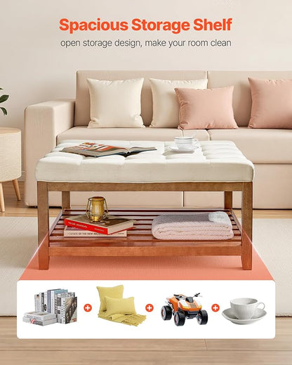 VEVOR Large Square Ottoman Coffee Table, 34.5 Inch Tufted Coffee Table with Solid Wood Shelf Storage, Linen Solid Upholstered Footrest Ottoman for Bedroom Living Room, 400 LBS, Off-White