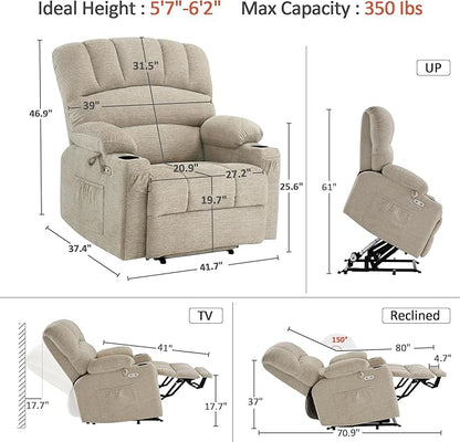 MCombo Oversized Power Lift Recliner Chair for Elderly, Lift Chair with Heat and Massage, Lift Recliner for Big and Tall, Cup Holders, USB & Type C Ports, Fabric R7092 (Beige, Oversize)