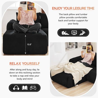 103'' Boneless Corduroy L Shaped Couch, 3 Seat Modular Sectional Deep Seat Sofa with Chaise Lounge, No Assembly Cloud Lounge Sleeper Sofa, Black