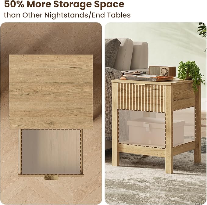 Fluted Night Stand with Golden Handle,Set of 2 Mid-Century Nightstands with Drawer, Bedside Table with Storage Shelf,Large End Tables for Livingroom,Bed Side Tables for Bedroom, Natrual Oak