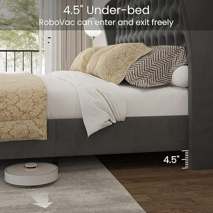 LARMACE King Size Bed Frame Velvet Upholstered Platform Bed with Wingback Headboard & Footbaord, Deep Button Tufted Bed Frame with Wood Slats Support, No Box Spring Needed, Grey
