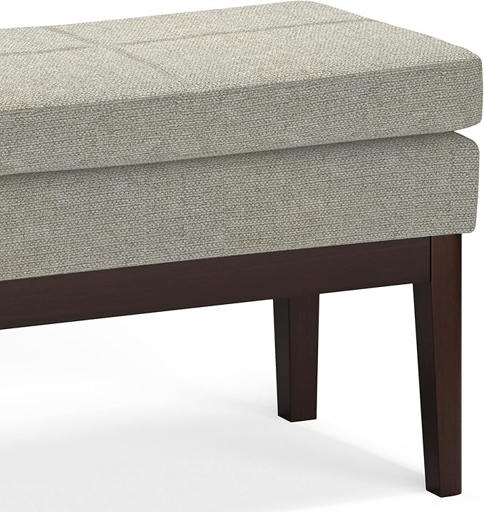 SIMPLIHOME Carlson 27-inch Wide Linen-Look Fabric Small Ottoman Bench in Greige with Solid Wood Frame for Living Room, Entryway, or Bedroom
