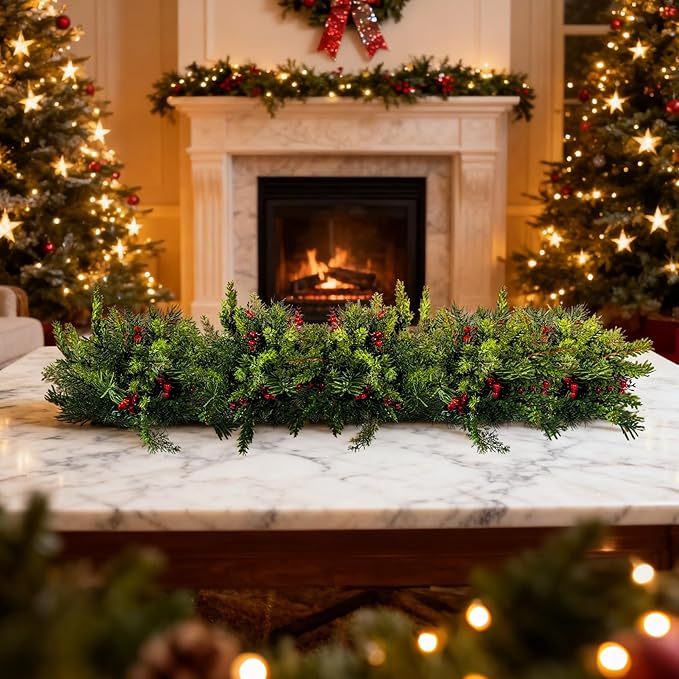 2PCS Christmas Artificial Pine Needles Branches Table Decor with Red Berry Pine Cones Greenery Stems Christmas Artificial Greenery Floral Arrangements for Garland Wreath