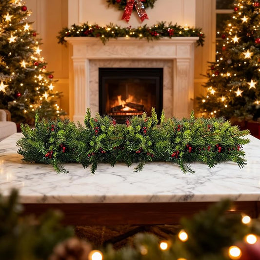 2PCS Christmas Artificial Pine Needles Branches Table Decor with Red Berry Pine Cones Greenery Stems Christmas Artificial Greenery Floral Arrangements for Garland Wreath