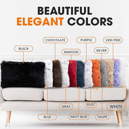 Cheer Collection Throw Pillows for Couch and Bed, Soft Shaggy Throw Pillows with Inserts Included, Cozy Long Hair Faux Fur Pillows - Set of 2-12" x 20" - White