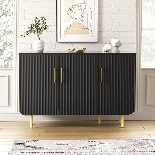 Modern Fluted Black Storage Cabinet with 3 Doors, Adjustable Shelves, and Metal Legs, Accent Buffet Sideboard for Living Room, Dining Room, Entryway (Black & Gold)