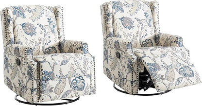 UIXE Swivel Rocker Manual Recliner Chairs Set of 2, Wingback Swivel Glider Fabric Nursery Reclining Sofa Chair, High Back Upholstered Arm Chair for Living Room Bedroom - Blue Plants