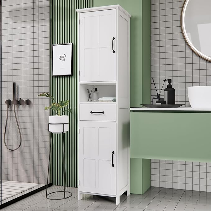 Tall Bathroom Storage Cabinet, White Bathroom Cabinets Freestanding, Narrow Storage Cabinet w/Adjustable Shelves for Home, Kitchen, Versatile, Anti-Tipping