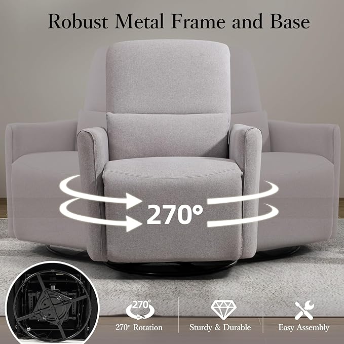 Power Swivel Recliner Chair, Upholstered Fabric Glider Electric Rocking Chair for Adults. Nursery Rocker Single Sofa with Lumbar Support for Living Room. Dual-Port Charging: Type-C&USB, Grey
