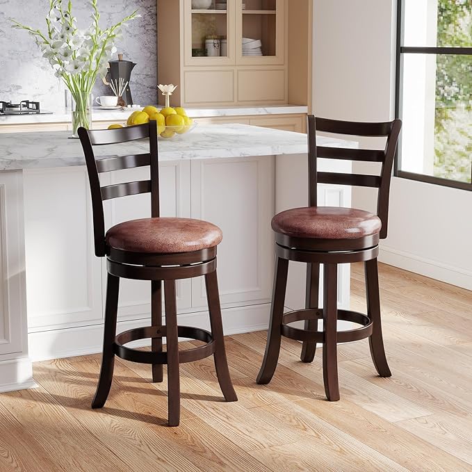 COSTWAY 26" Counter Height Stools Set of 2, Swivel High-Top Chairs with Backrest & Faux Leather Padded Seat, Rubber Wood Counter Barstools with Footrest for Kitchen, Dining Room, Pub (2,26'')