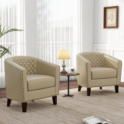 Pia Ricco Faux Leather Barrel Accent Chair, Modern Club Arm Chair Comfy Upholstered Single Sofa Chair with Solid Wood Legs and Nailhead Trim for Living Room/Reading Room, Beige