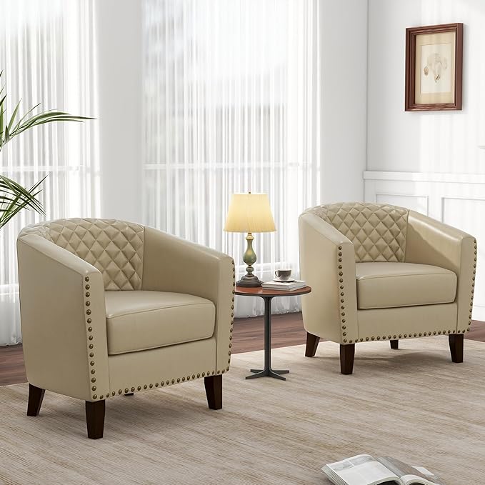 Pia Ricco Faux Leather Barrel Accent Chairs Set of 4, Modern Club Arm Chair Comfy Upholstered Single Sofa Chair with Solid Wood Legs and Nailhead Trim for Living Room/Reading Room, Beige