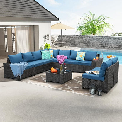 10 Pieces Patio Furniture Set All-Weather Outdoor Wicker Sectional Conversation Sofa Rattan Patio Seating Sofa with Cushion and Glass Table for Porch Poolside,Peacock Blue