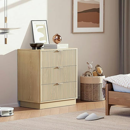 Mid Century Modern 3 Drawer Dresser for Bedroom, Fluted Wood Nightstand with Round Edge Design, Shallow Bedroom Storage for Closet, Living Room（Natural Oak）