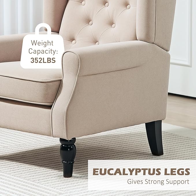 HOMCOM Mid-Century Modern Accent Chair, High Wingback Chair, Button-Tufted Upholstered Fabric Armchair with Retro Wood Legs for Living Room, Bedroom, Beige