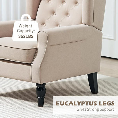 HOMCOM Mid-Century Modern Accent Chair, High Wingback Chair, Button-Tufted Upholstered Fabric Armchair with Retro Wood Legs for Living Room, Bedroom, Beige