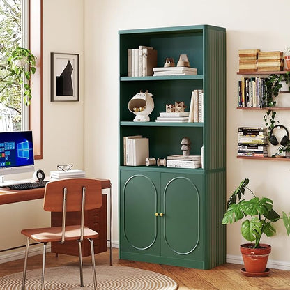 70.8" Tall Fluted Bookshelf with Storage Cabinet Set of 2, Modern 5-Tier Wood Bookcase with Open Display Storage Shelf, Gold Handles for Office Living Room (Green)