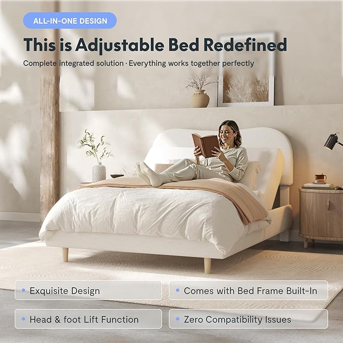 FLEXISPOT Queen All-in-One Adjustable Bed with 12" Cooling Gel Memory Foam Mattress, Boucle Bed Frame, Head & Foot Incline, Adjustable Headboard, Thick Padding, 10-Year Warranty, White