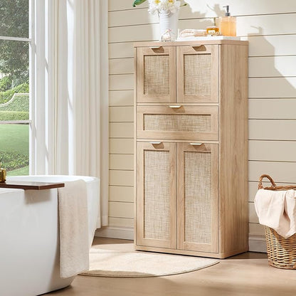 LEYAOYAO 48" Tall Storage Cabinet,Rattan Bathroom Floor Cabinets with 4 Doors & 1Drawer,Boho Kitchen Pantry with Adjustable Shelves,Wooden Cupboard for Living Room,Home Office,Dining,Natural Wood