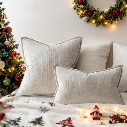 a moment Linen Pillow Covers Set of 2,Boho Farmhouse Throw Pillowcases Neutral Textured Decorative Covers for Couch Sofa Bed, Soft Linen Blend Accent Case Cushion Christmas Home Decor 18"x18"Ivory