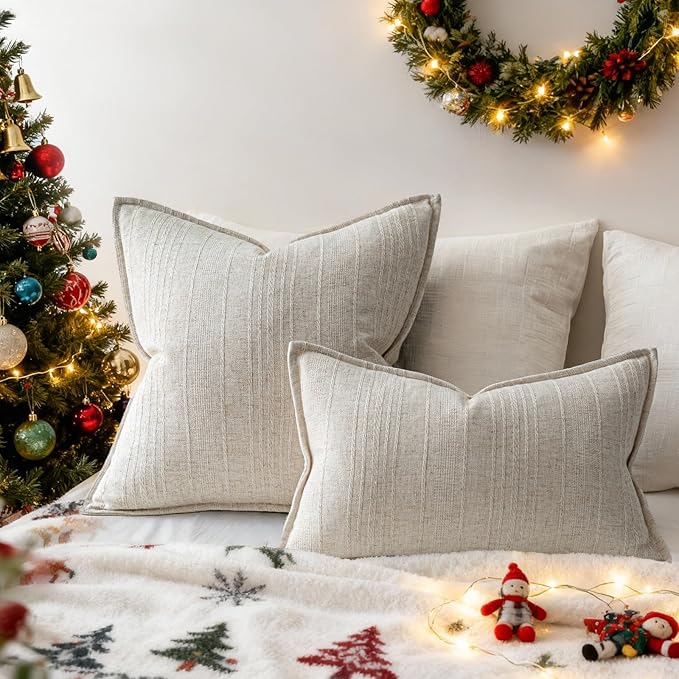 a moment Linen Pillow Covers Set of 2,Boho Farmhouse Throw Pillowcases Neutral Textured Decorative Covers for Couch Sofa,Soft Linen Blend Accent Case Cushion Christmas Home Decor 24"x24"Ivory