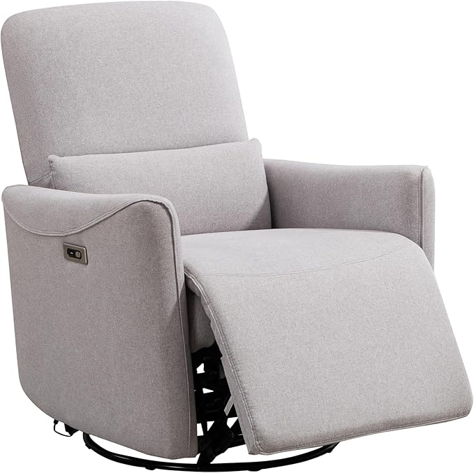 Power Swivel Recliner Chair, Upholstered Fabric Glider Electric Rocking Chair for Adults. Nursery Rocker Single Sofa with Lumbar Support for Living Room. Dual-Port Charging: Type-C&USB, Grey