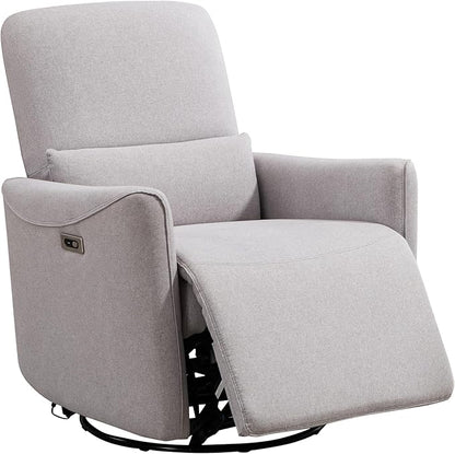 Power Swivel Recliner Chair, Upholstered Fabric Glider Electric Rocking Chair for Adults. Nursery Rocker Single Sofa with Lumbar Support for Living Room. Dual-Port Charging: Type-C&USB, Grey