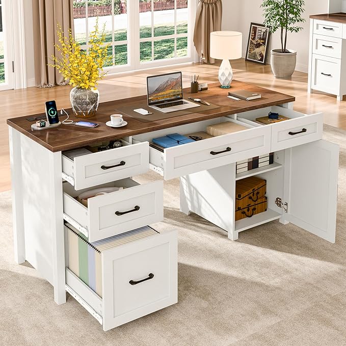 Farmhouse 61'' Executive Desk with 5 Drawers, Rustic Office Desk Computer Desk with Charging Station, File Drawers and Storage Cabinet, Wood Workstation for Home Office and Study, Unique White