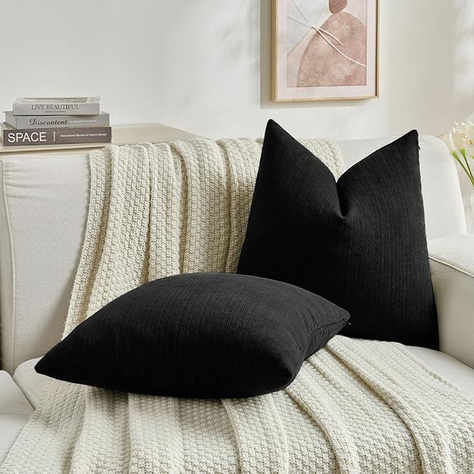 FUTEI Black Decorative Throw Pillow Covers 26x26 Inch Set of 2,Soft Cozy Wheat Ear Striped Patterns Euro Pillow Shams,Modern Home Decor for Couch Bed Living Room