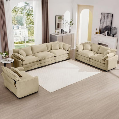 mikibama Luxury 3 Piece Sofa Set, 3-Seater & 2 Loveseat Couch Set, Modern Corduroy Comfy Cloud Couches Set for Living Room Office with 6 Armrest Pillows and 7 Toss Pillows, Camel