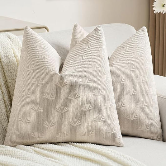 FUTEI Beige Chenille Decorative Throw Pillow Covers 22x22 Inch Set of 2,Soft Cozy Striped Geometric Patterns Cushion Case,Modern Home Decor for Couch Bed Living Room