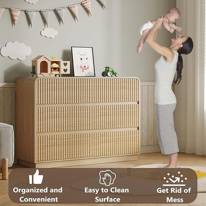 Dresser for Bedroom with 6 Drawers, Fluted Chest of Drawers with Round Curved Corner, Hidden Handles, Modern Wood Storage Organizer for Bedroom, Nursery, Living Room