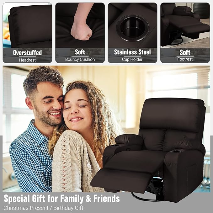 Rocking Recliner Chair, Massage Rocker Recliner Chair with Vibration Massage and Heat,360° Swivel Recliner Chairs, Living Room, Bedroom, Nursery, RV, Brown
