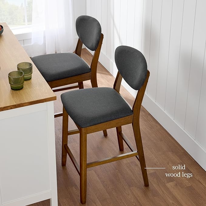 Best Choice Products Bar Stool Set of 2, Mid-Century Modern Upholstered Wood, Armless Counter Height w/Seat Cushion, Backrest - Walnut/Charcoal