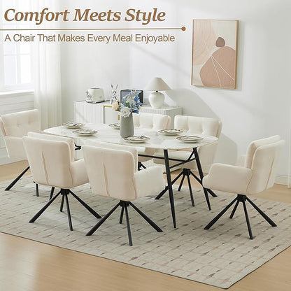 Fabric Dining Chair Modern Upholstered Swivel Dining Room Chairs Comfy Accent Armchair with Mid Back, Desk Arm Chair No Wheels for Kitchen/Living Room/Dining Room, White