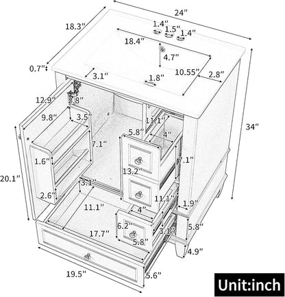 24 Inch Bathroom Vanity with Sink, Freestanding Bathroom Sink Cabinet with 3 Drawers and Storage Door Rack Organizer, Solid Wood Legs, Blue Gray