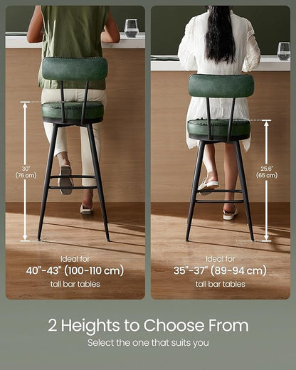 VASAGLE EKHO Collection - Bar Stools Set of 2, Swivel Counter Height Bar Stools with Back, Synthetic Leather with Stitching, Mid-Century Modern, 25.6-Inch Tall Barstools for Kitchen Bar, Forest Green