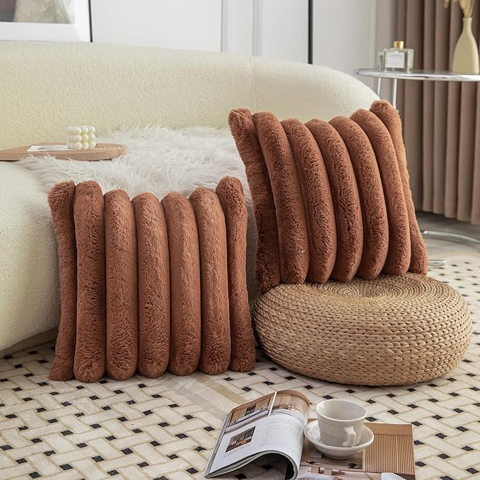 Neelvin Brown Faux Fur Cozy Soft Stripe Decorative Throw Pillow Covers 24x24 inch Set of 2,Velvet Pillowcase Cushion Case for Sofa Couch