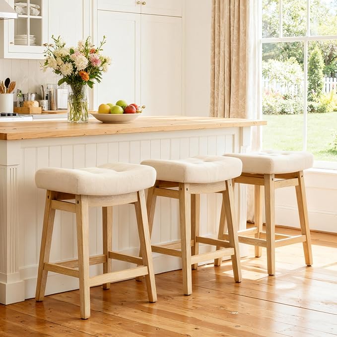 Counter Height Bar Stools Set of 3 for Kitchen Counter Farmhouse Modern Barstools with Upholstered Fabric Backless Seat and Solid Wood Legs 24 inch Bar Chairs, Khaki + Wood Color